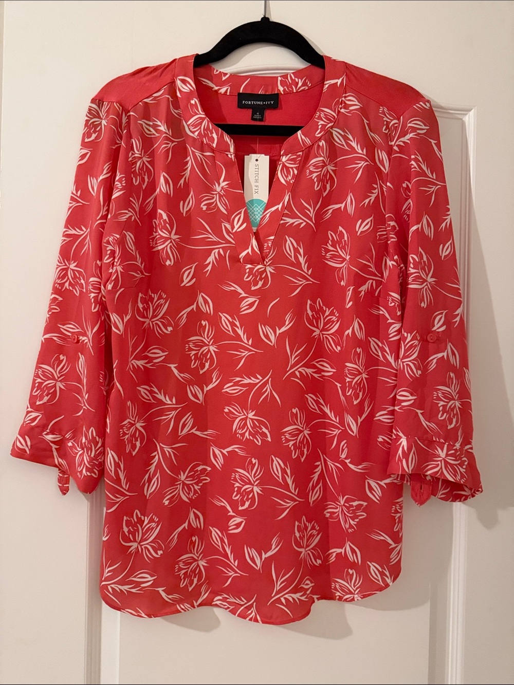 Fortune+Ivy Coral Floral Split-Neck Blouse